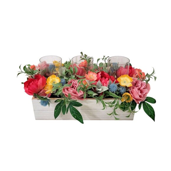 Floral Centerpiece With Glass Candle Holders In Wooden Box Centerpiece - Picture 5 of 7